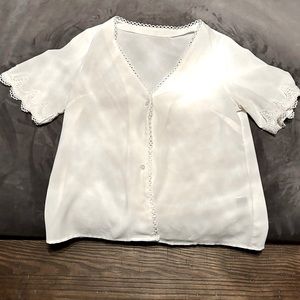 White Blouse Top Button Down Lace Sleeve Detail